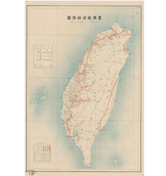 紅色線段為1931年台灣縱貫線鐵道示意圖