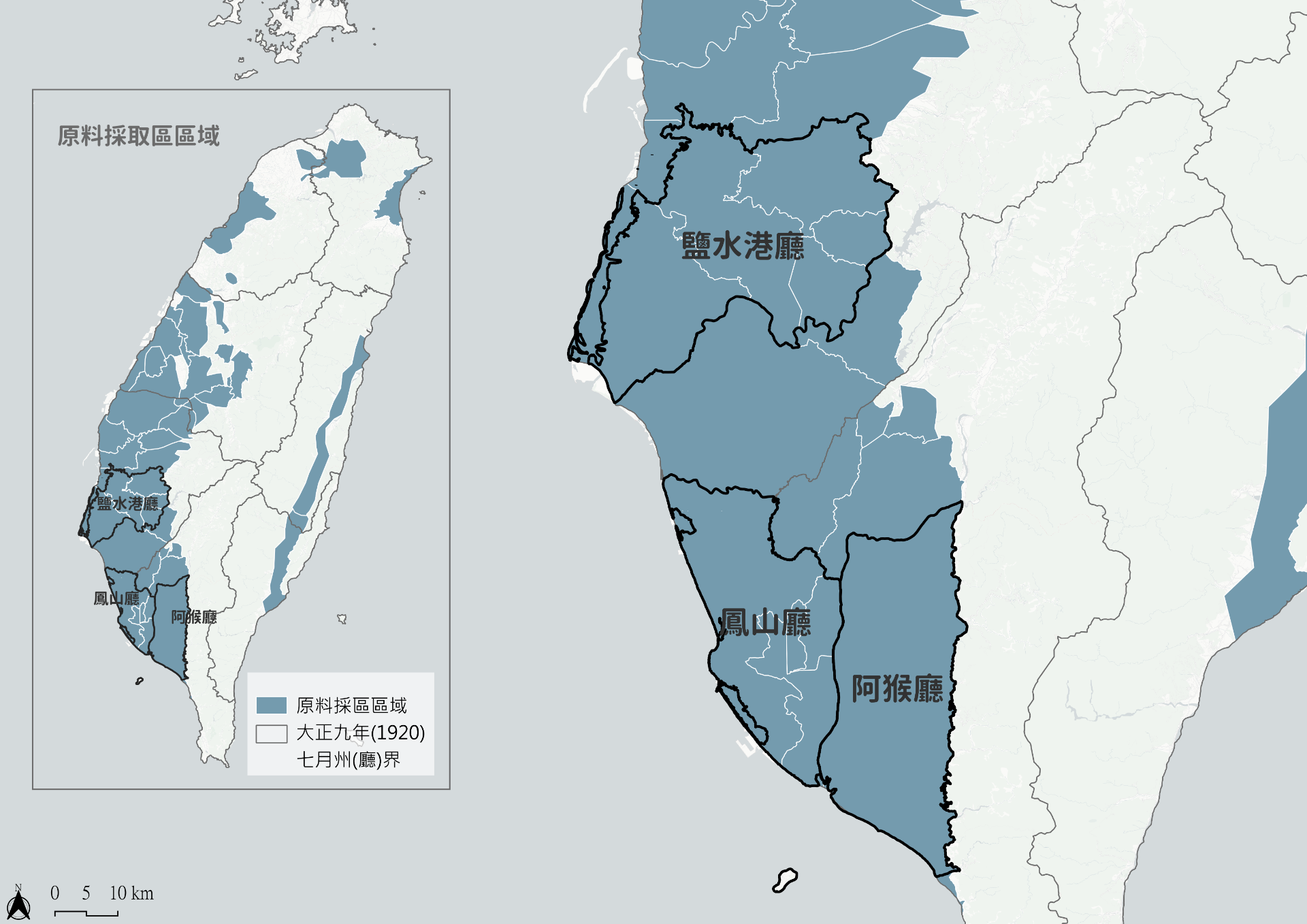 西元1901年，鹽水港廳、鳳山廳、阿猴廳行政範圍