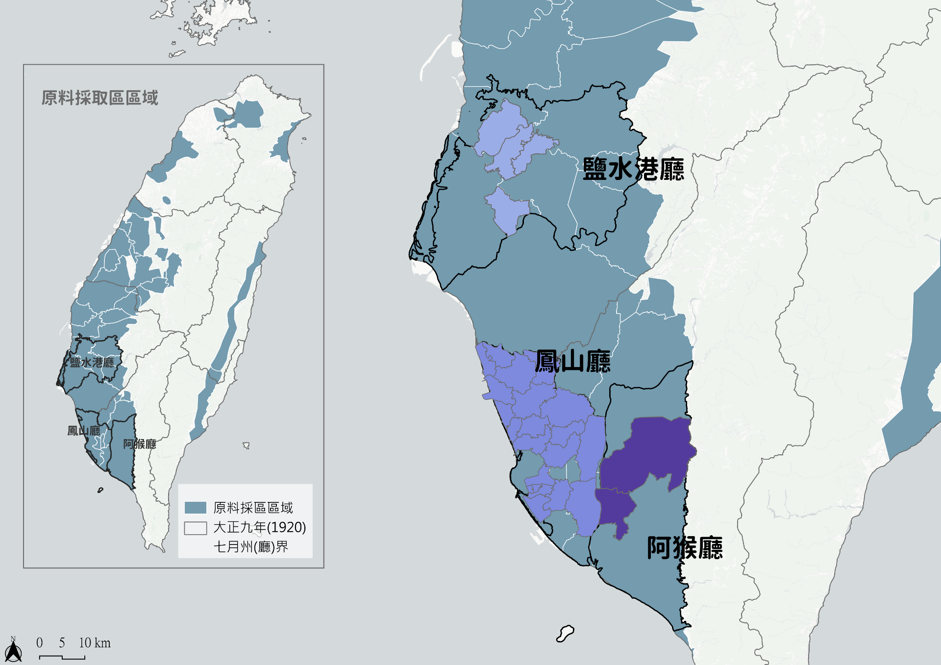 西元1904年鹽水港廳、鳳山廳、阿猴廳糖部限制區域的範圍